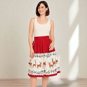 Lindy Bop NWT Reindeer Print Box Pleat Skirt with Pockets - Size 14
